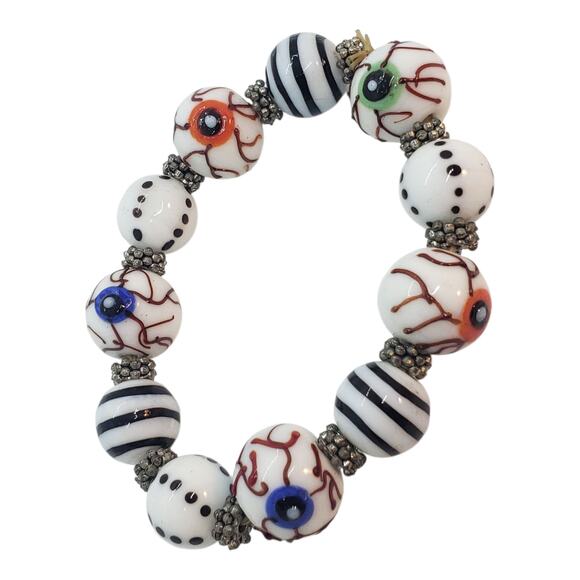 Lampwork Glass Bracelet Eyeball Bead Hand Paint Stretch Black White Goth Novelty - Picture 1 of 7